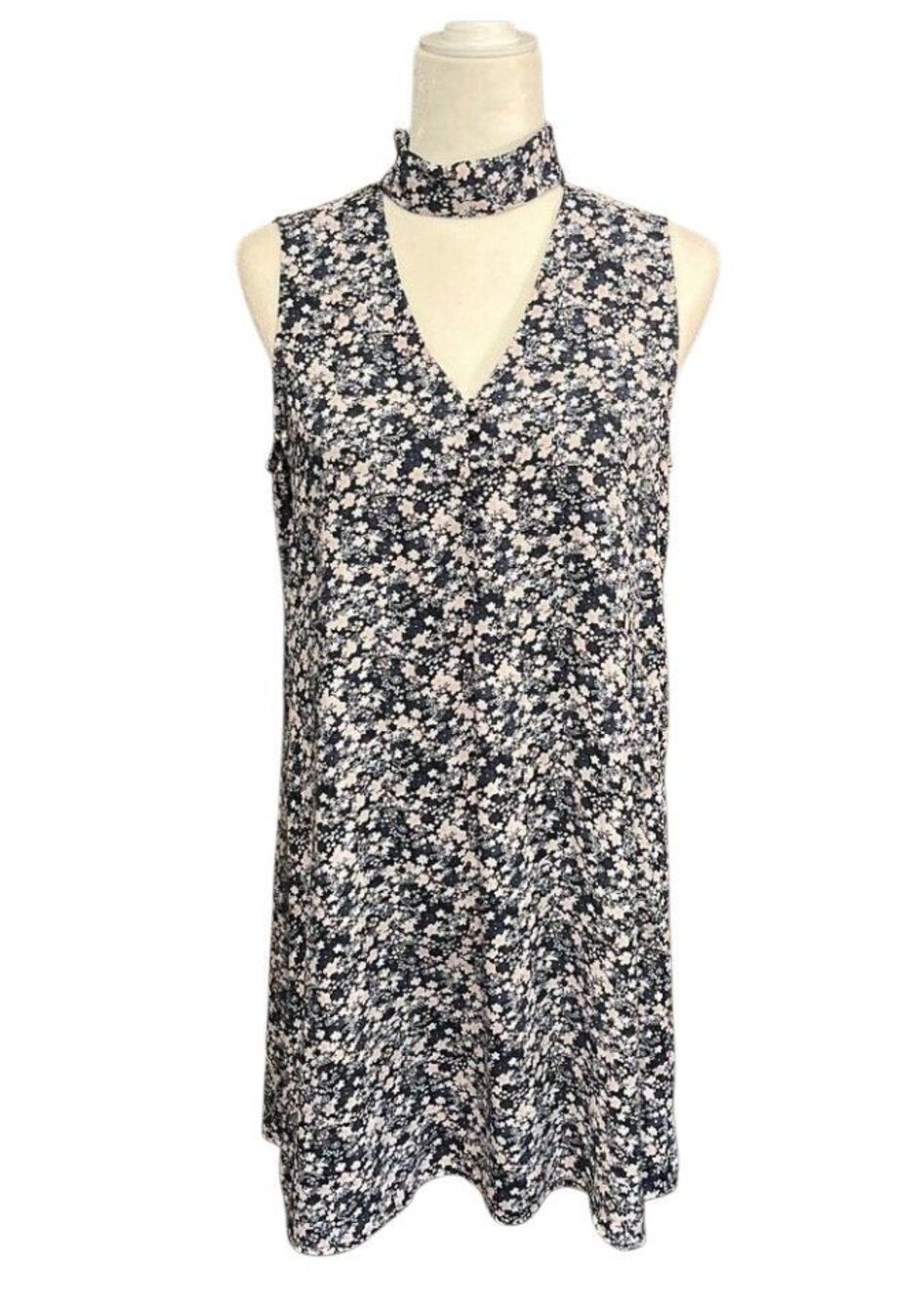 Dalia navy blue floral sleeveless sheath dress with choker neck - 4